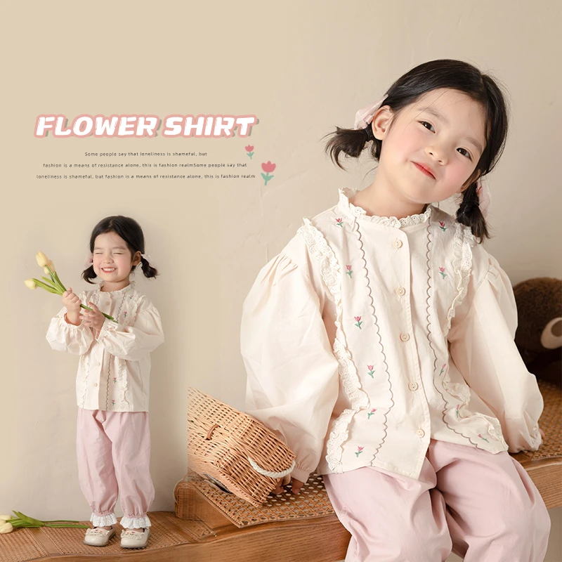 SASA的丸子妹女童衬衫秋季甜美可爱花边小女孩上衣花朵刺绣潮1582