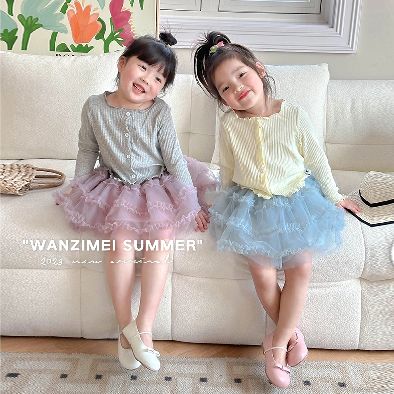 SASA的丸子妹女童套装夏季新款坑条棉公主短裙儿童两件套潮1413