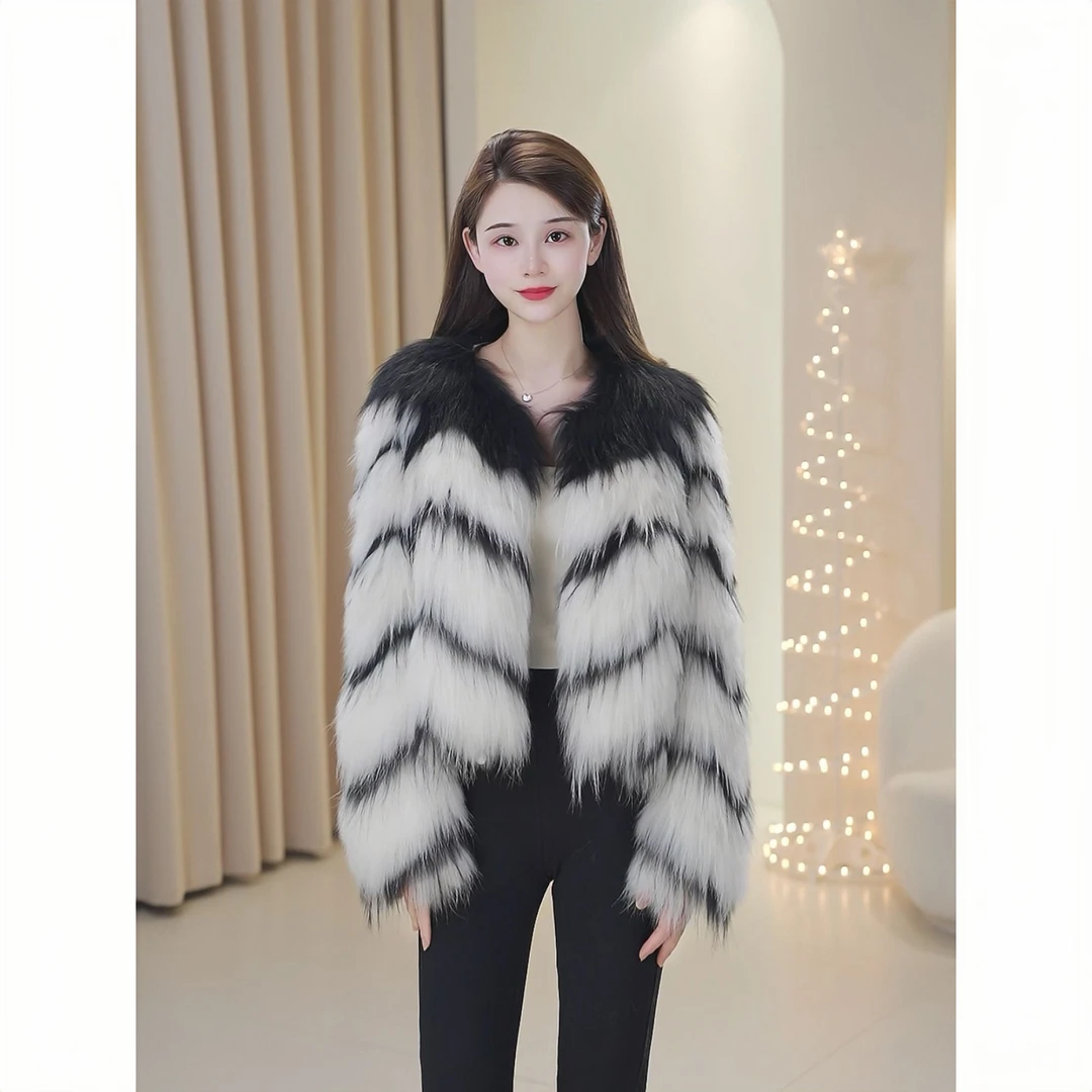 【甜柚柚】“简约女主”时尚高级感轻奢气质貉子毛车条皮草外套9562