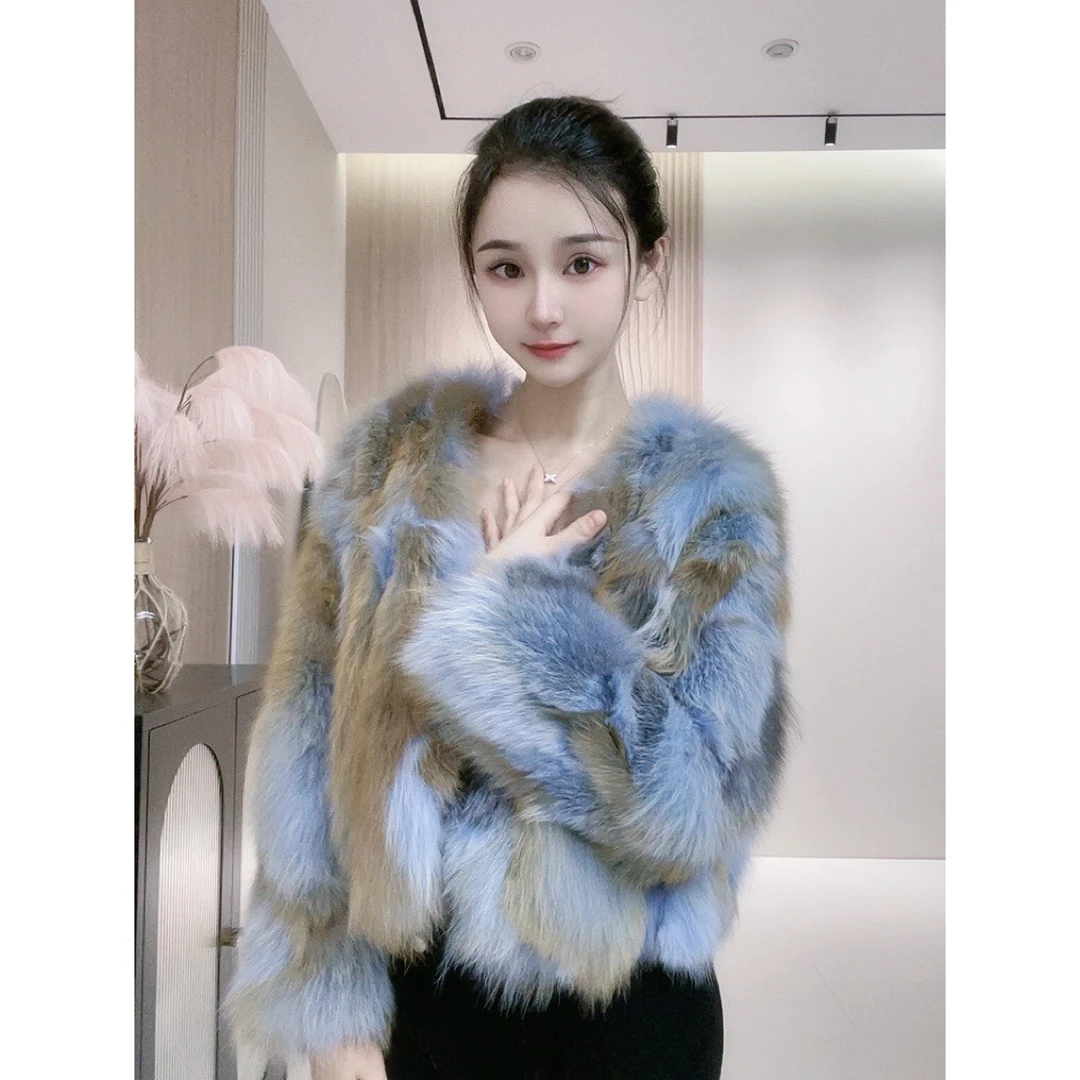 【甜柚柚】秋冬轻奢百搭气质设计师时尚网红撞色狐狸毛皮草外套0866