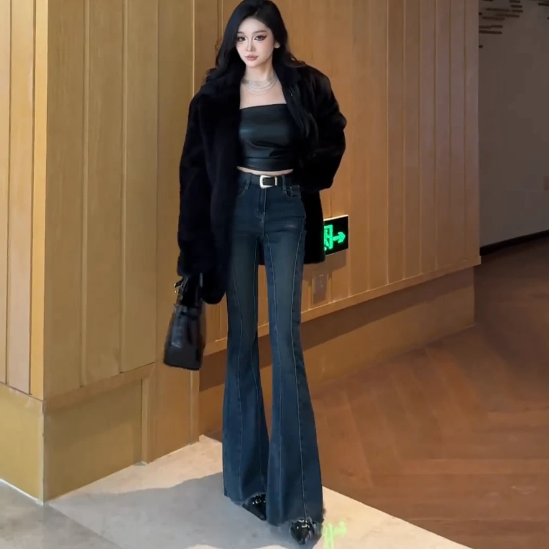 复古深蓝色毛边牛仔裤女春季高腰弹力微喇叭裤子修身直筒拖地长裤