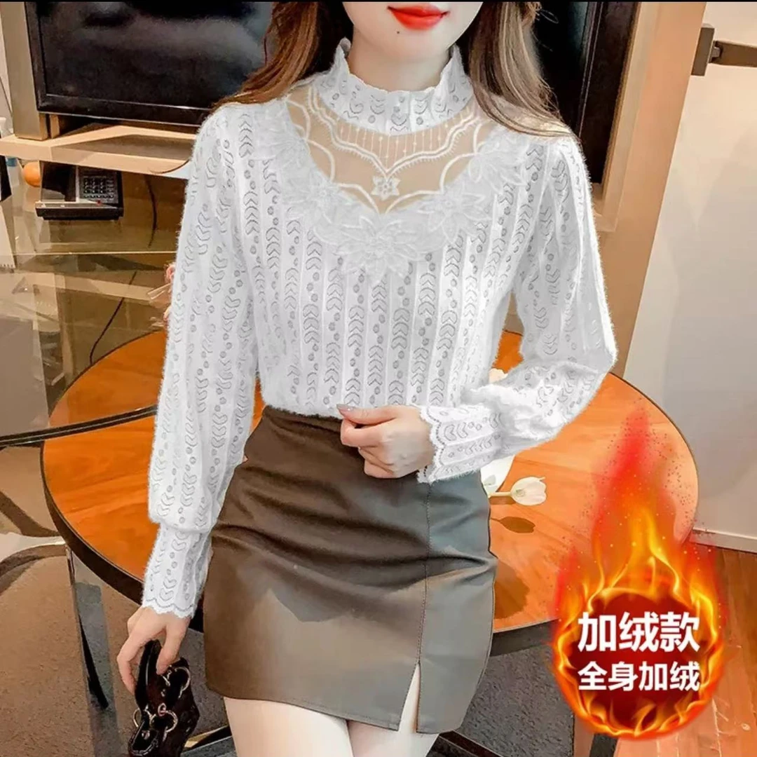 2025新款半高领加绒保暖显瘦上衣百搭蕾丝打底衫女洋气秋冬装
