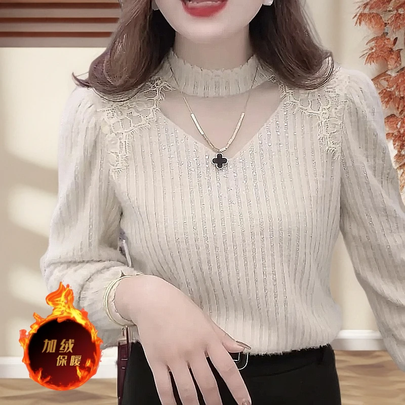 秋季新款磨毛蕾丝2025气质打底衫女装韩版长袖修身时尚百搭上衣