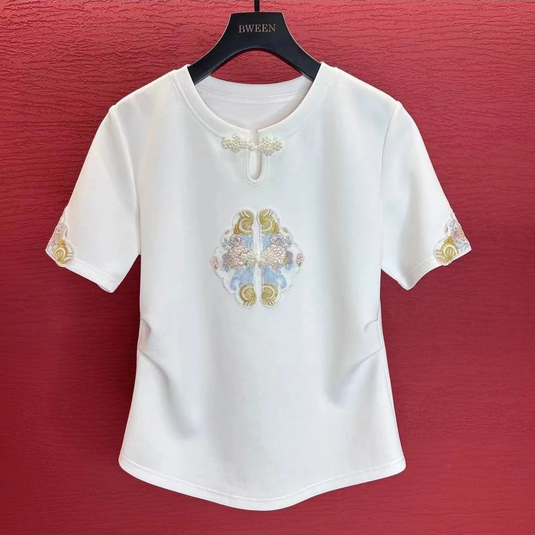 2025国风夏季新中式白色盘扣刺绣时尚圆领短袖显瘦修身T恤女上衣