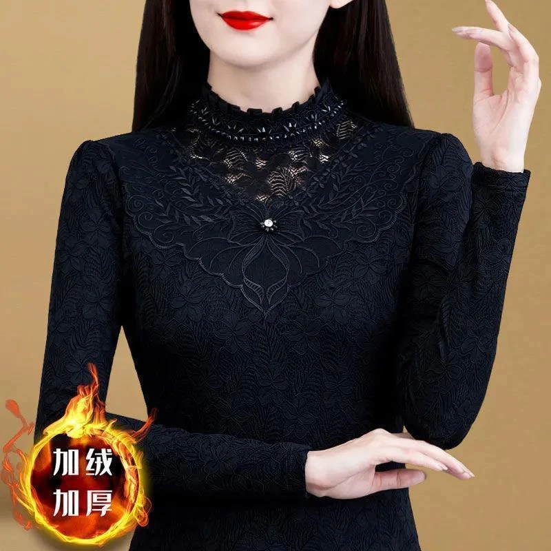 时尚加厚蕾丝打底衫女秋冬2023新款气质内搭洋气小衫长袖保暖上衣
