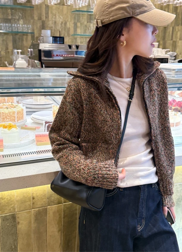 【胡桃里】MEGANLE 重磅花纱羊毛混纺高领针织长袖开衫2024515