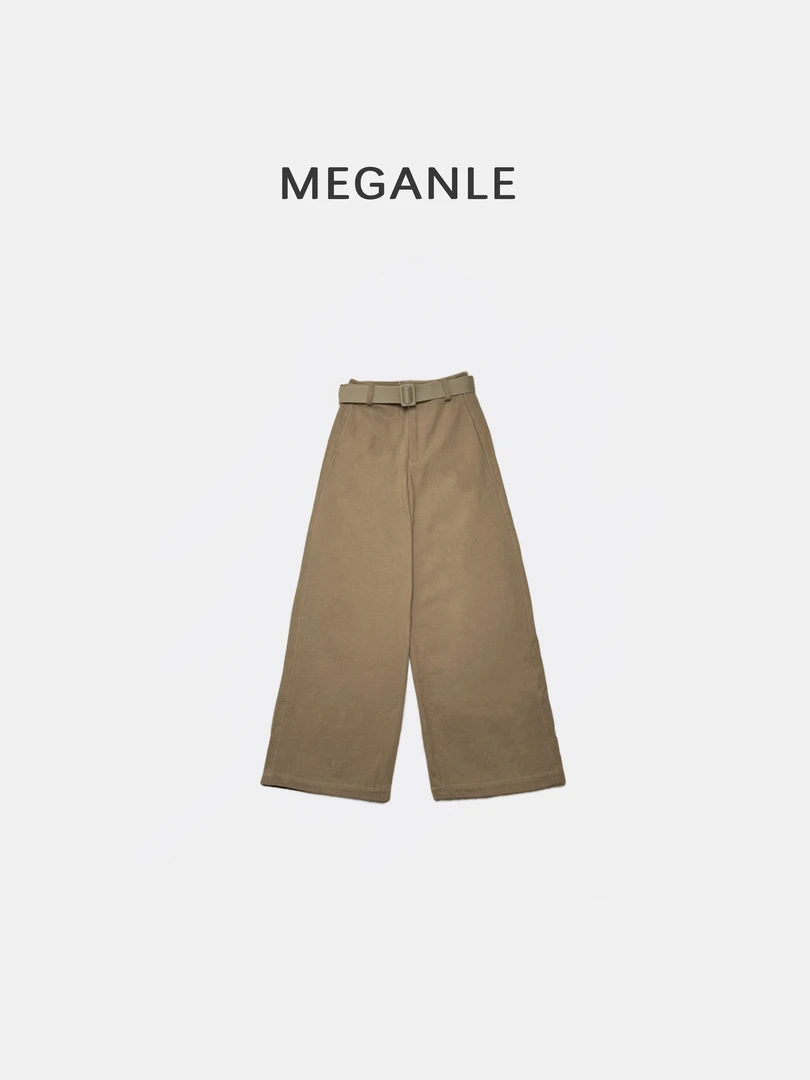 【MEGANLE】萨尔 简约休闲高腰直筒阔腿棉质休闲长裤2024575