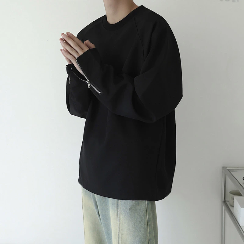 高级感痞帅纯色拉链圆领卫衣男款秋季高街美式长袖t恤潮流打底衫