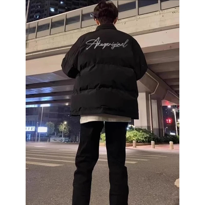 美式字母印花羽绒棉服男款冬季加厚高级感棉衣外套黑色立领面包服