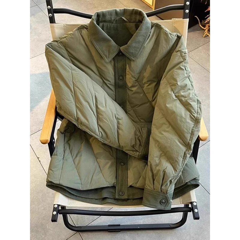 菱形格轻薄款棉衣男冬季衬衫领假两件夹克痞帅军绿色羽绒棉服外套