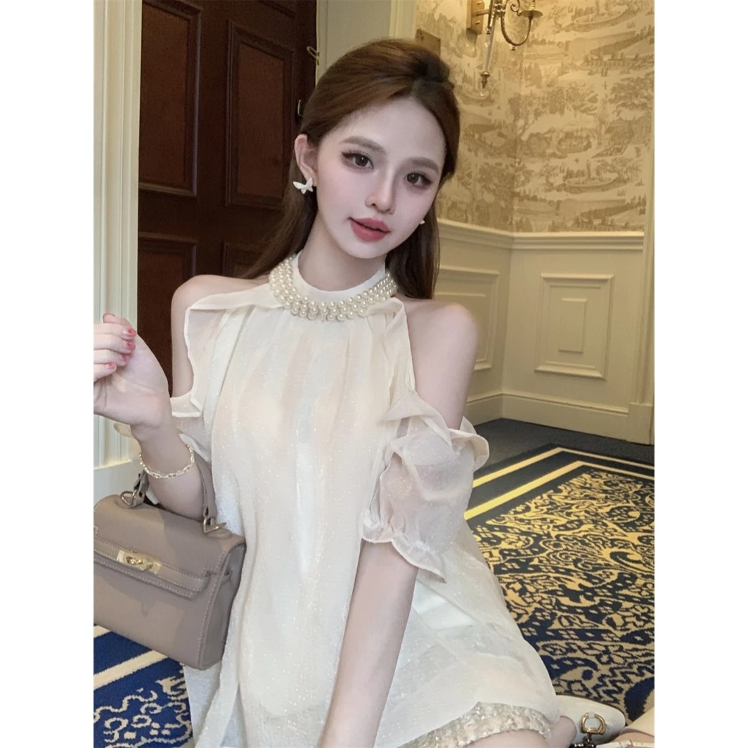 纯欲法式珍珠挂脖露肩雪纺衫女夏季甜辣妹宽松洋气减龄设计感上衣