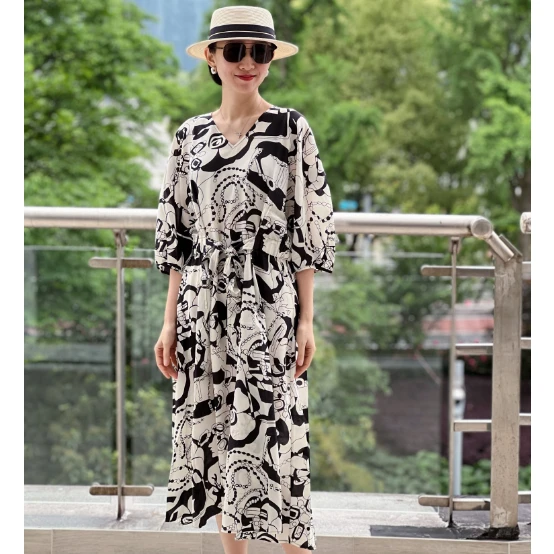 （YY专属）Fancy抽象艺术系v领时尚宽松温泉印花显瘦碎花气质连衣裙