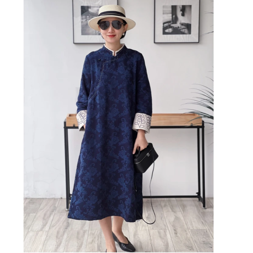 （YY推荐）玫瑰之恋 长袖气质新中式复古中国风民族风提花连衣裙