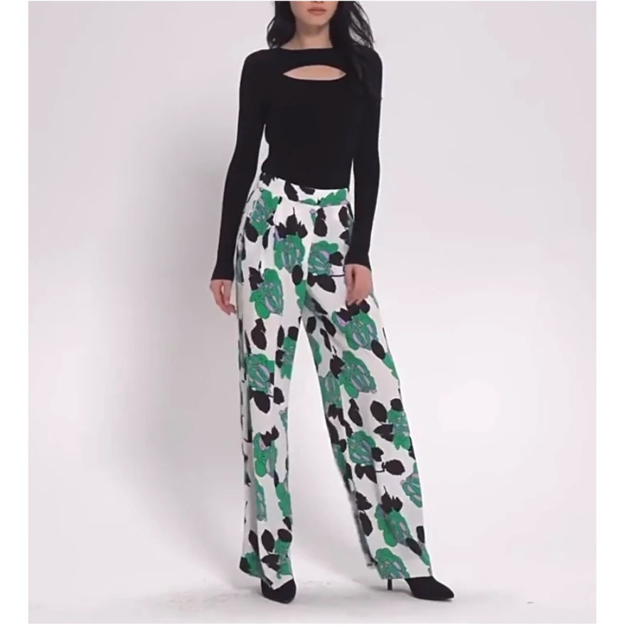 葭恩D家清新绿后腰松紧花卉印花阔腿裤长裤0176