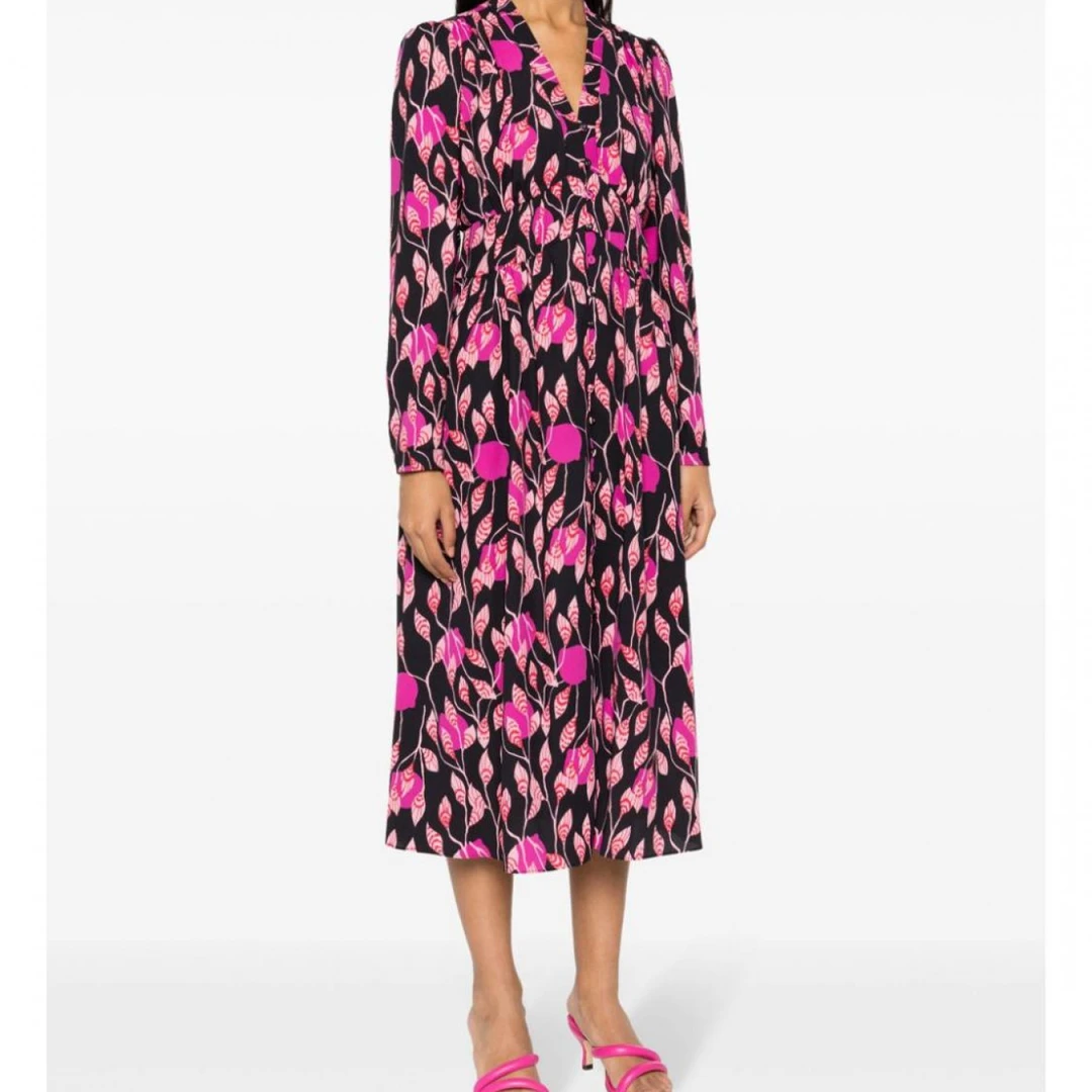 葭恩D家绉纱纹理灯笼花印花V领长袖连衣裙0142