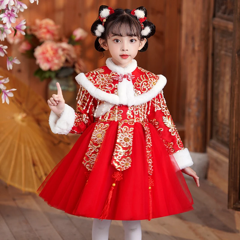女童汉服连衣裙冬款古风拜年服过年新年衣服公主裙子冬季儿童旗袍
