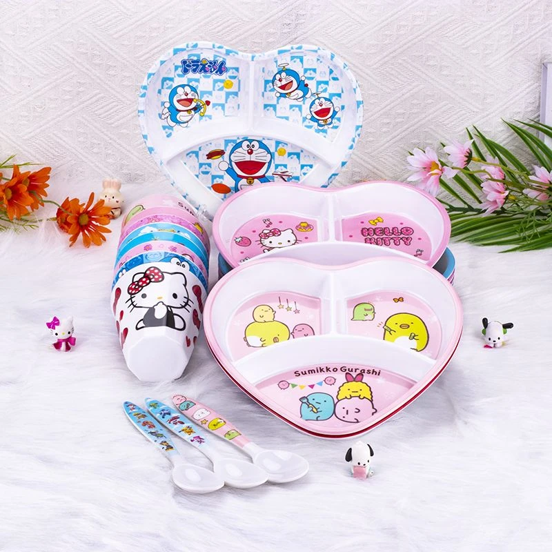 网红卡通宝宝心形三格盘食品级家用分格盘儿童分隔盘学生餐具杯勺