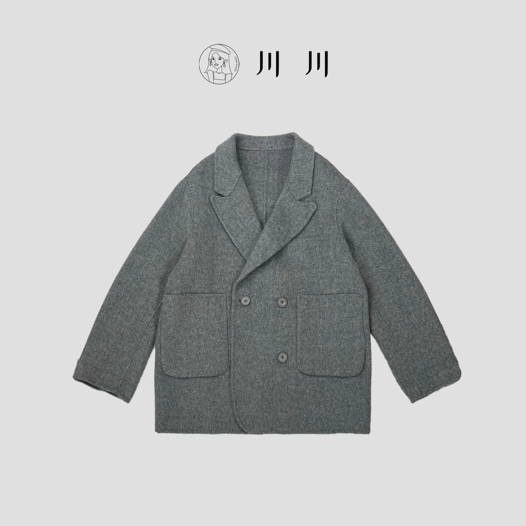 【川川】大牌同款简约质感西装外套时尚复古经典灰色保暖羊毛大衣