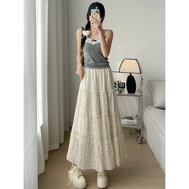 伊丽莎白•琼斯杏色波点半身裙女夏季2025新黑色高腰鱼尾半身裙