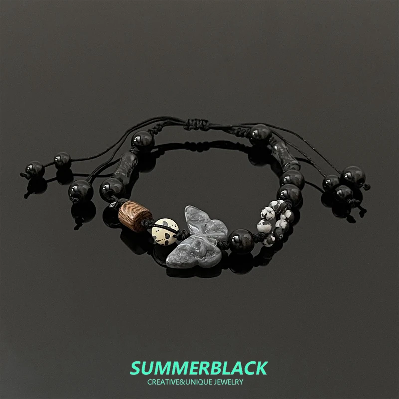 非金属树脂手链 新中式黑色蝴蝶串珠手链轻奢小众精致高级感手饰