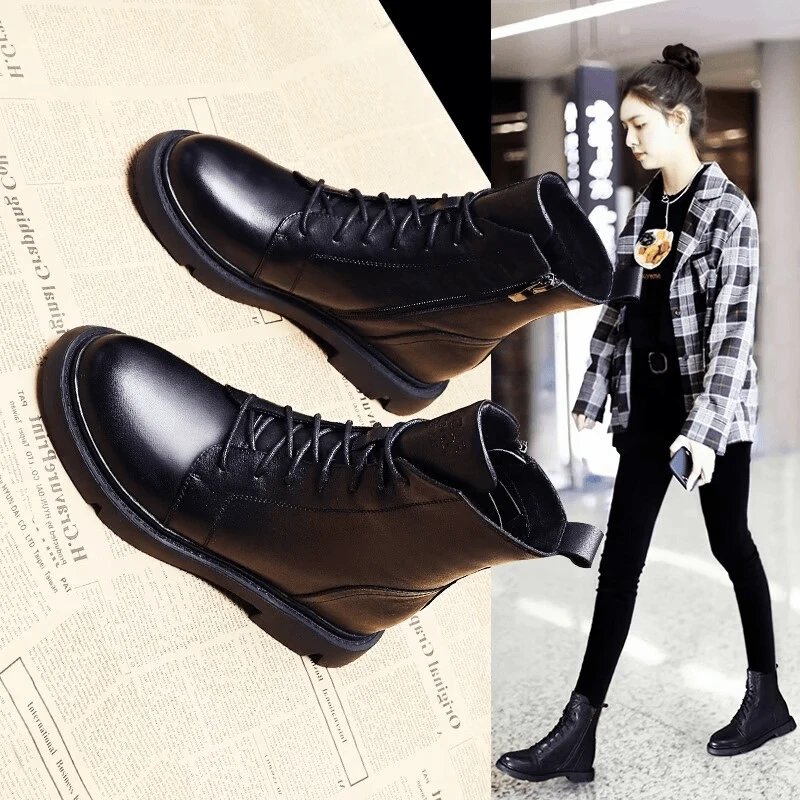 【断码甩】软皮马丁靴女2024秋冬季新款英伦风百搭加绒厚底短靴子