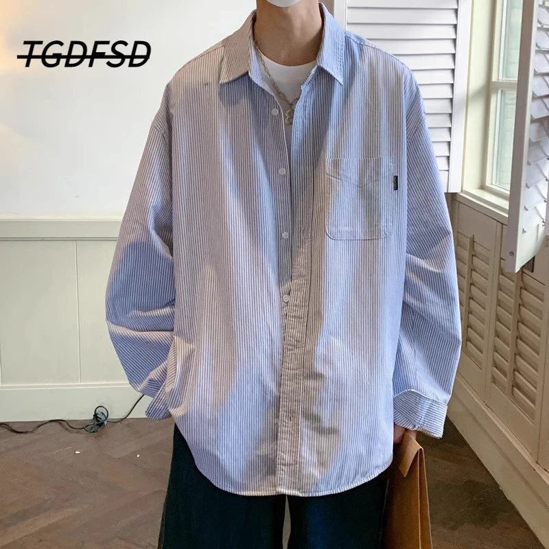 日系CityBoy蓝白条纹长袖衬衫男秋季美式小众设计感叠穿衬衣外套