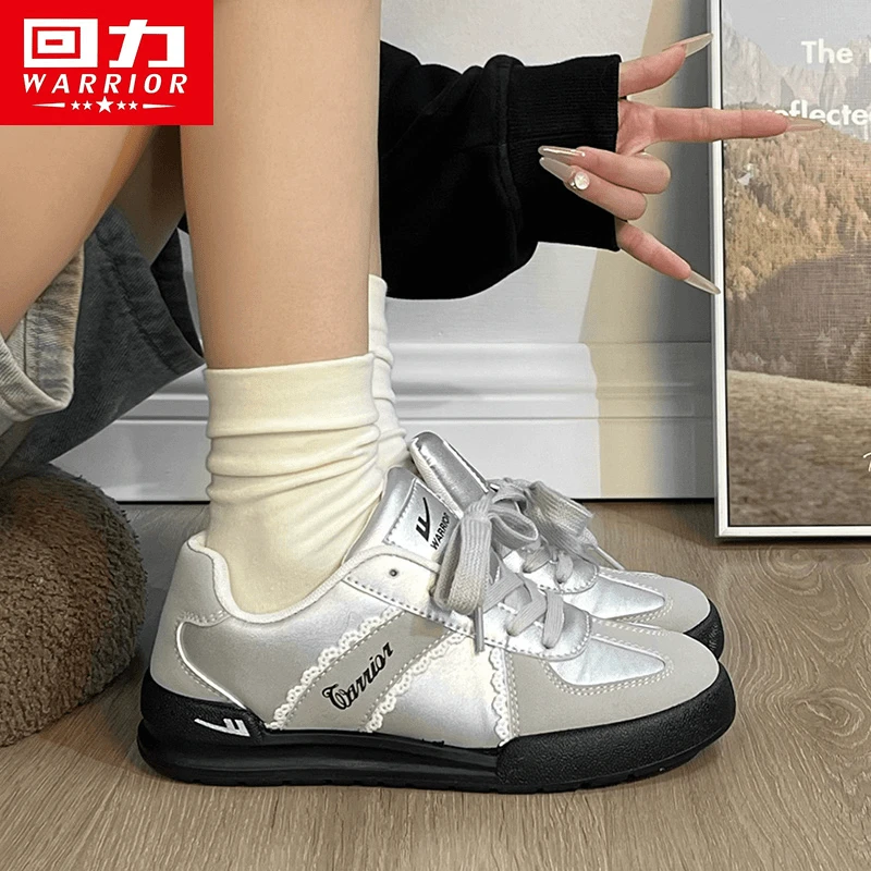 回力爆款银色ins潮流德训鞋百搭新款蕾丝厚底板鞋女休闲韩版小众