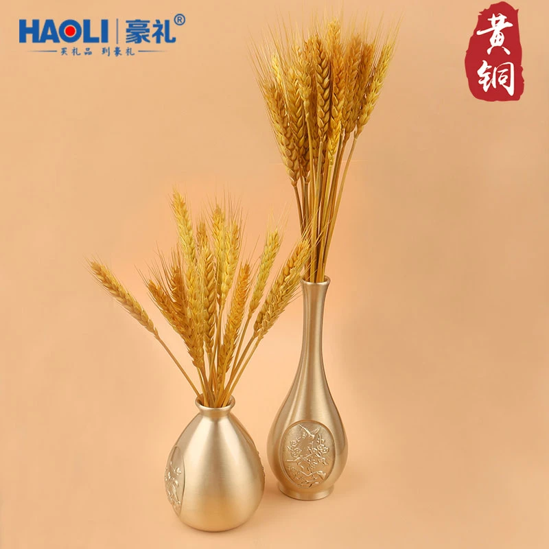 黄铜复古喜鹊花瓶书房摆件纯铜插花瓶家居网红礼物大麦穗装饰品