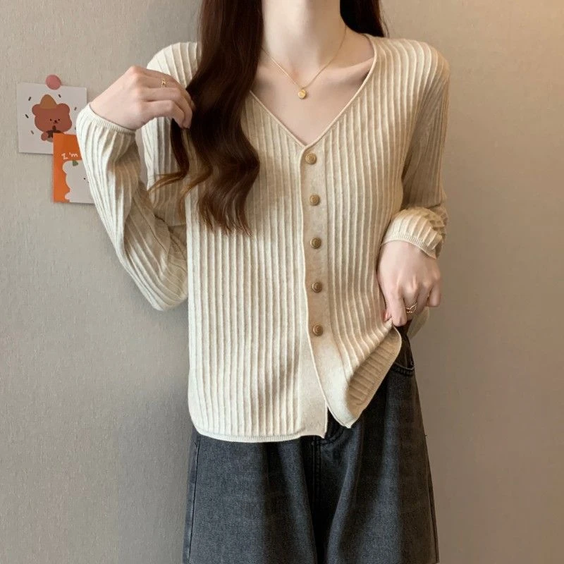 【80-180斤可穿】简约V领长袖针织开衫女韩版修身单排扣毛衣