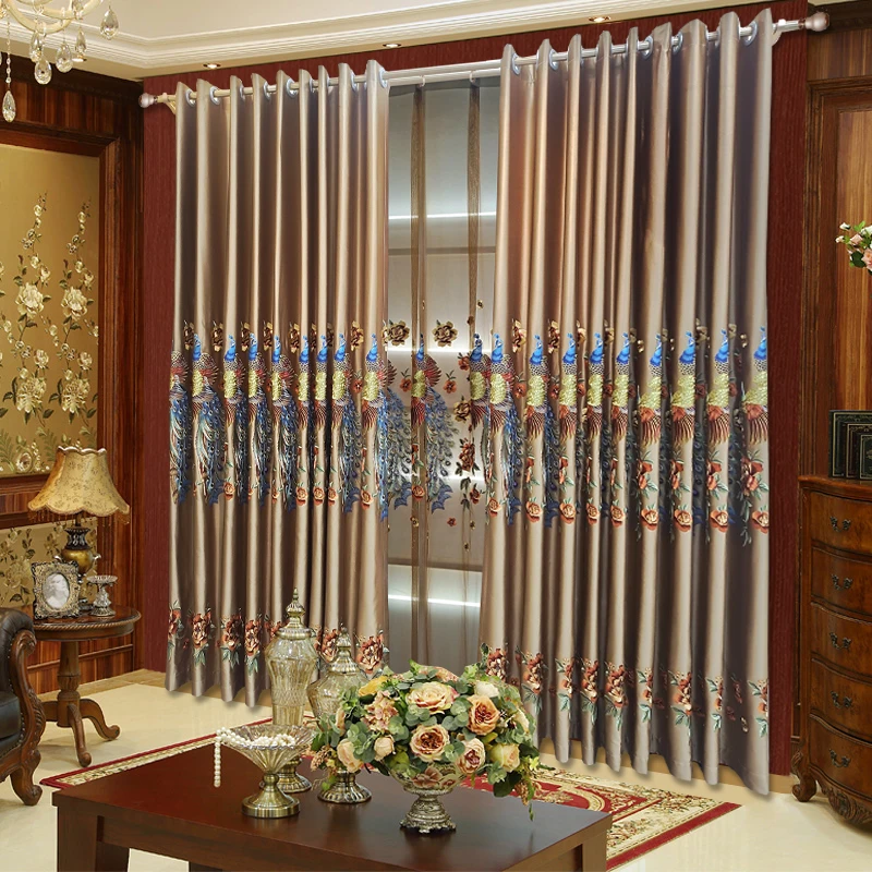 新中式孔雀牡丹客厅刺绣窗帘卧室高精密遮光绣花窗帘成品特价