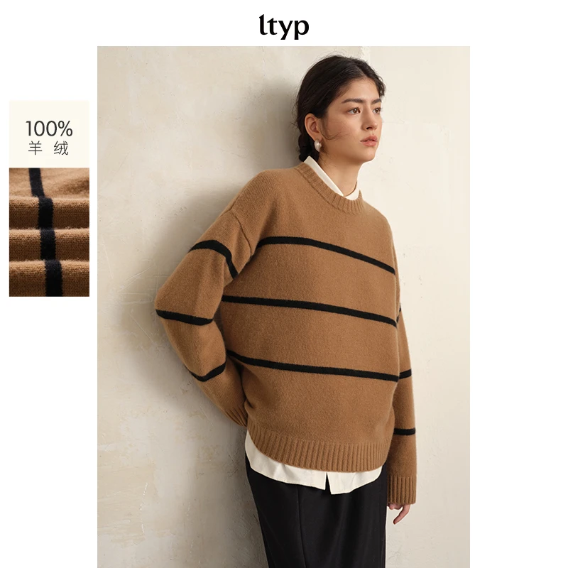 ltyp 羊绒细条纹长袖毛衣美拉德穿搭撞色圆领针织衫女冬