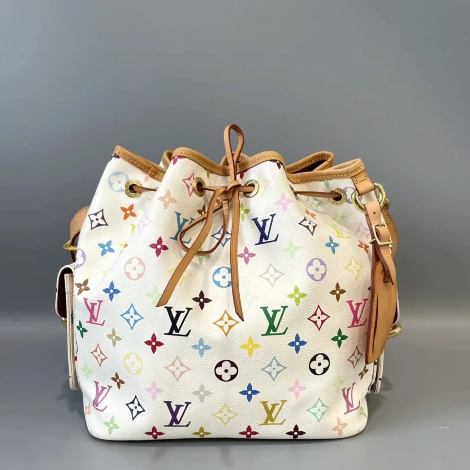 95新 LouisVuitton/路易威登 LV白三彩抽绳水桶单肩包971861