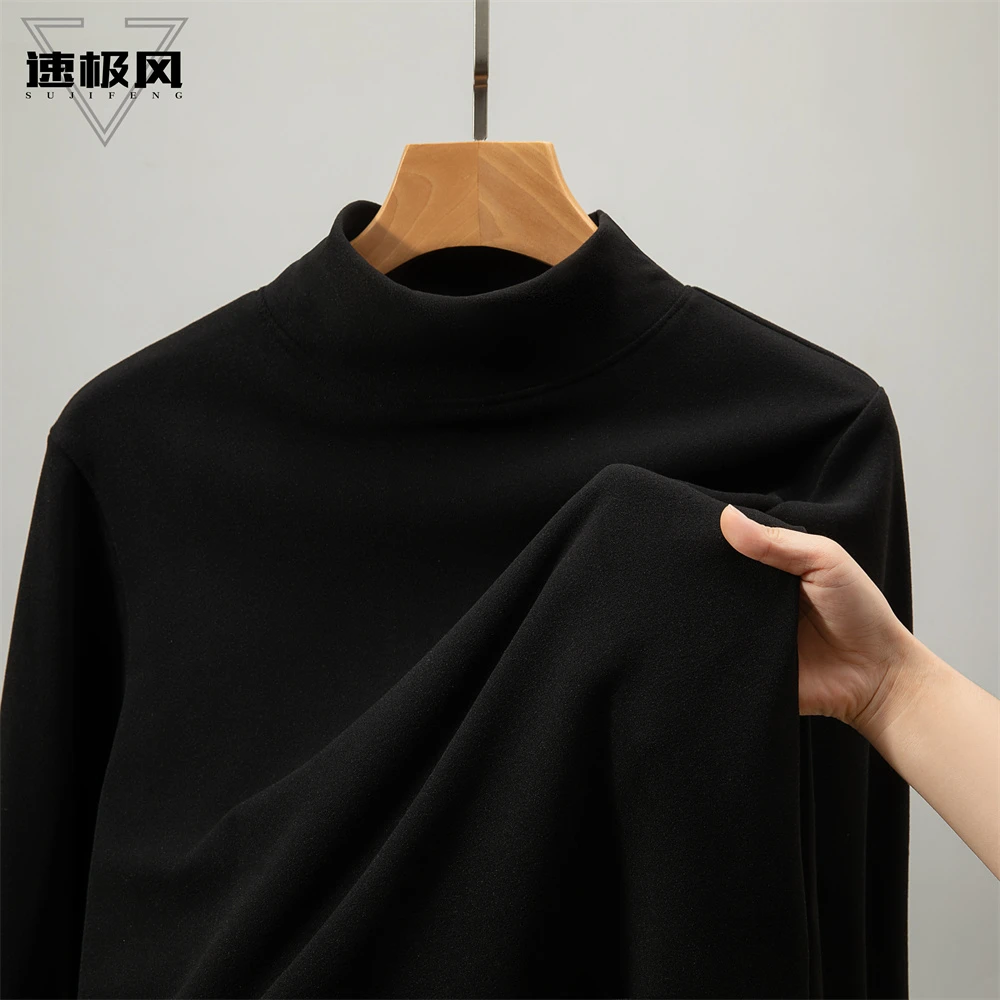 秋冬季半高领双面德绒长袖t恤男纯色保暖内搭圆领打底衫中领秋衣