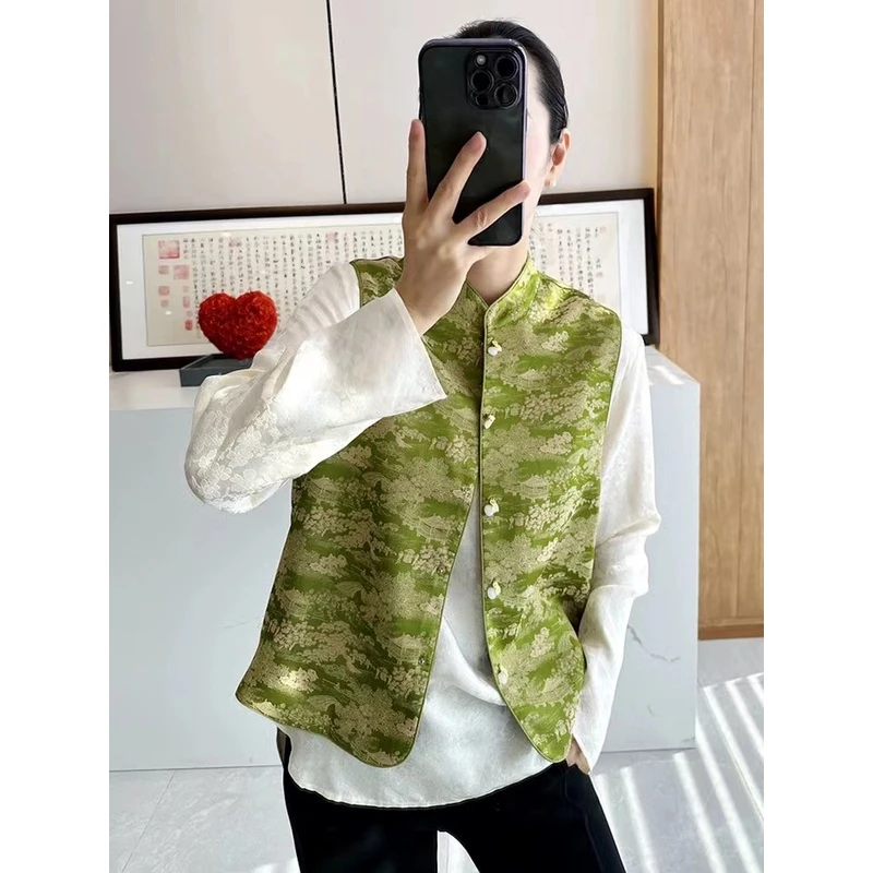 （上河图）#87中式复古风提花马夹短外套双面穿立领女装春季新款