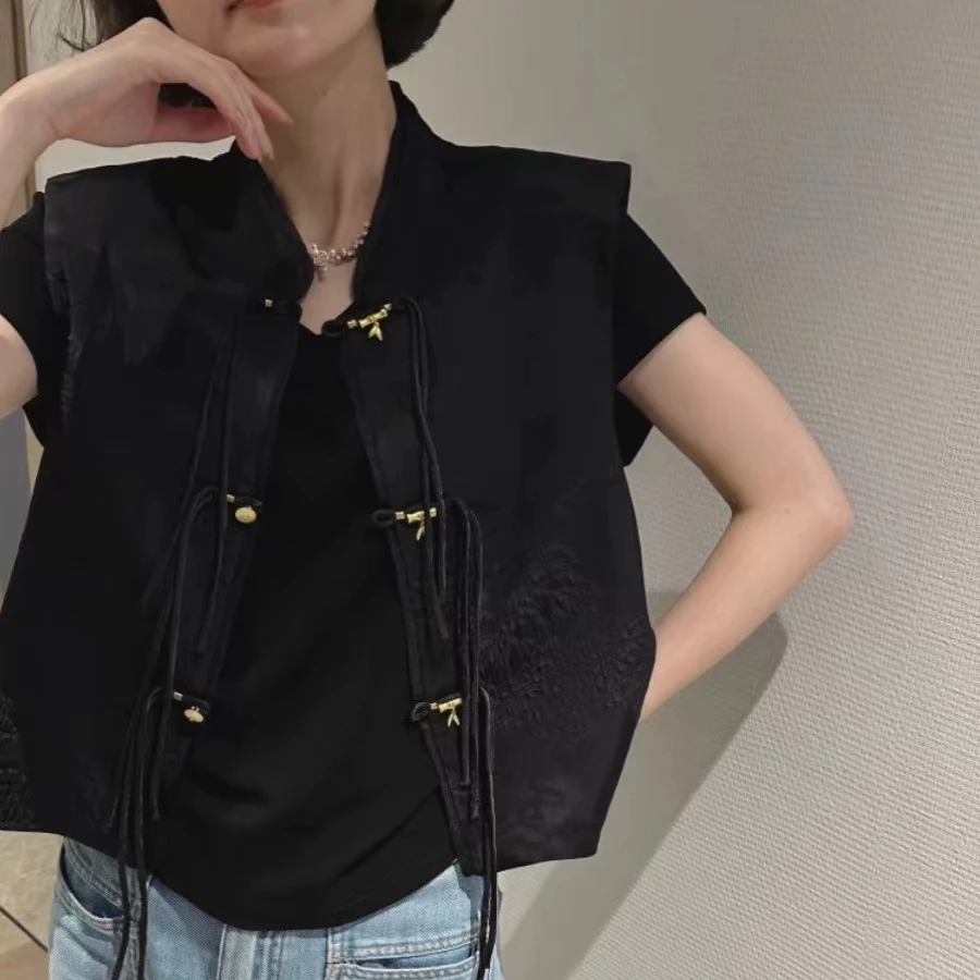 （慕山）新中式黑色金竹扣流苏马甲女春秋国风盘扣马夹马甲女款外穿