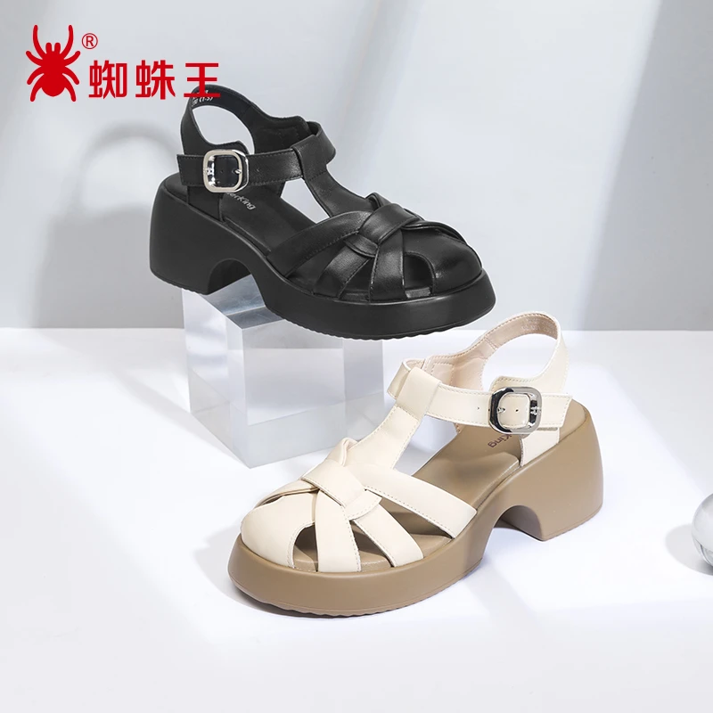蜘蛛王女鞋2025年夏季新款镂空厚底罗马凉鞋女包头猪笼凉鞋250803