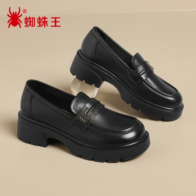 蜘蛛王乐福鞋女2025百搭秋季正品黑色软底软皮舒适大头小皮963715