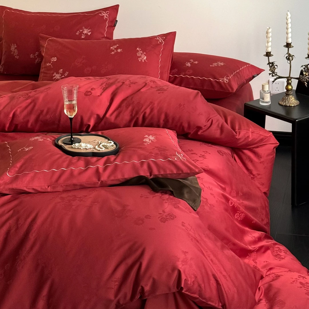 玖寐60支纯棉婚庆床上用品四件套大红色床单被套新婚嫁房被罩