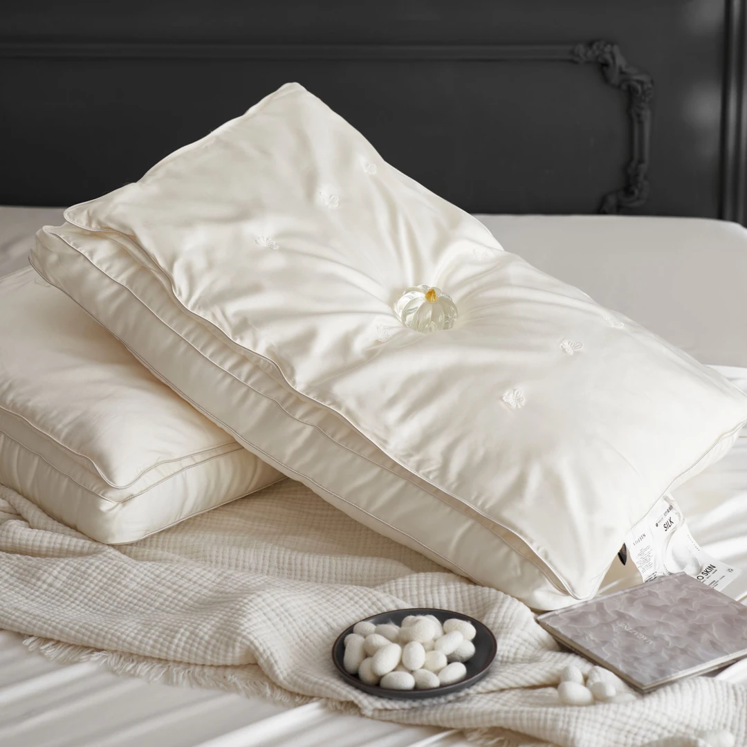 玖寐A类抗菌手工蚕丝枕头超柔护颈枕助眠枕芯中高枕成人48*74cm