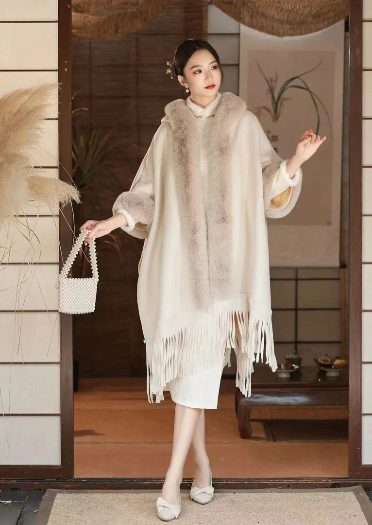 【陶然旗袍】新款冬季加厚女士大毛领斗篷披肩简约气质旗袍外搭
