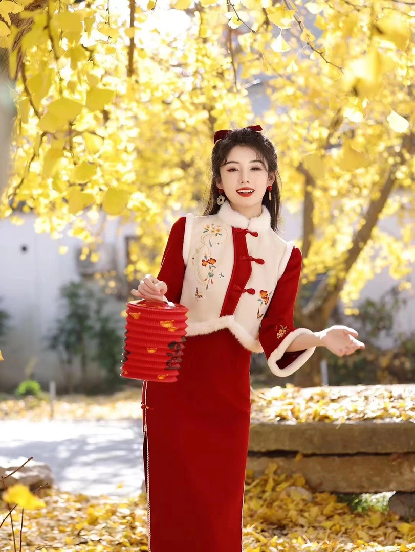 陶然【红袖添香】冬季加厚保暖马甲新年战袍日常两件套旗袍套装