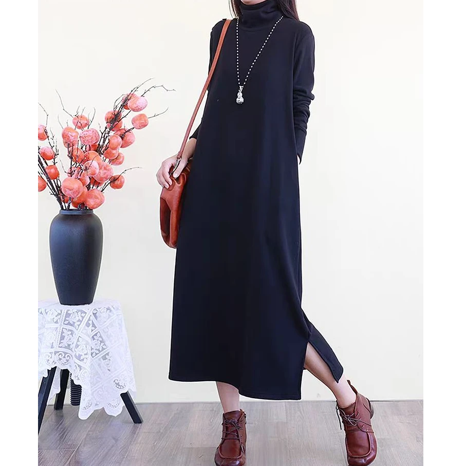 88885  五粒扣高领休闲打底裙宽松连衣裙24气质时尚百搭打底长裙