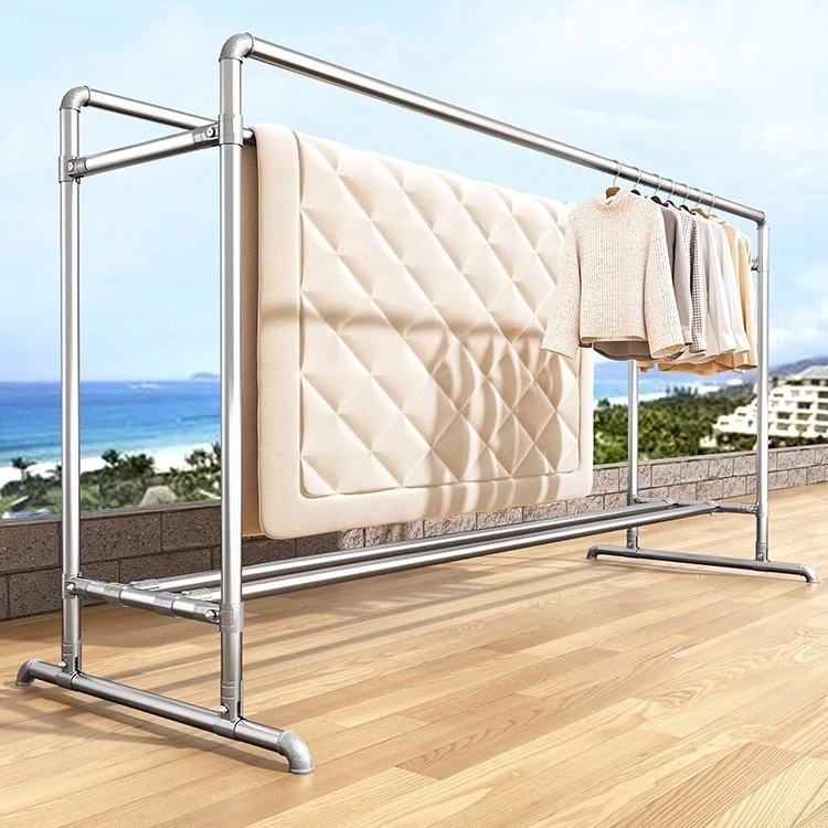 家用阳台卧室钢管晾衣架落地户外加厚挂衣服简易单杠式晒被凉衣杆