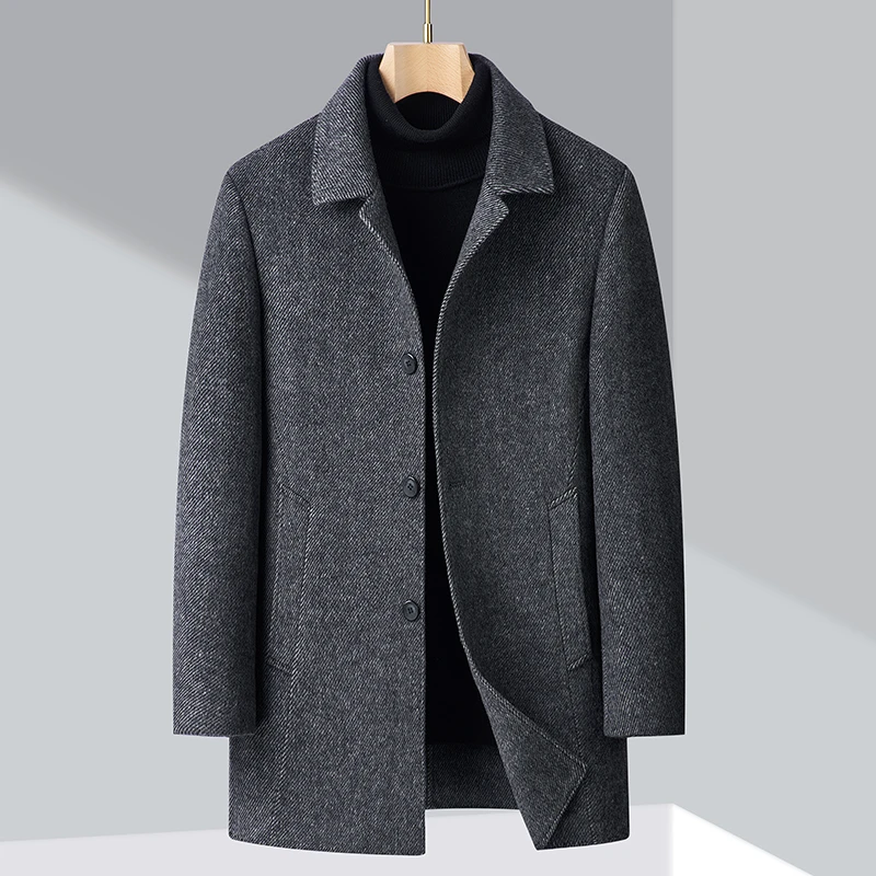 鄂尔多斯市双面羊绒大衣男士中长款格子羊毛外套冬季高端呢子风衣