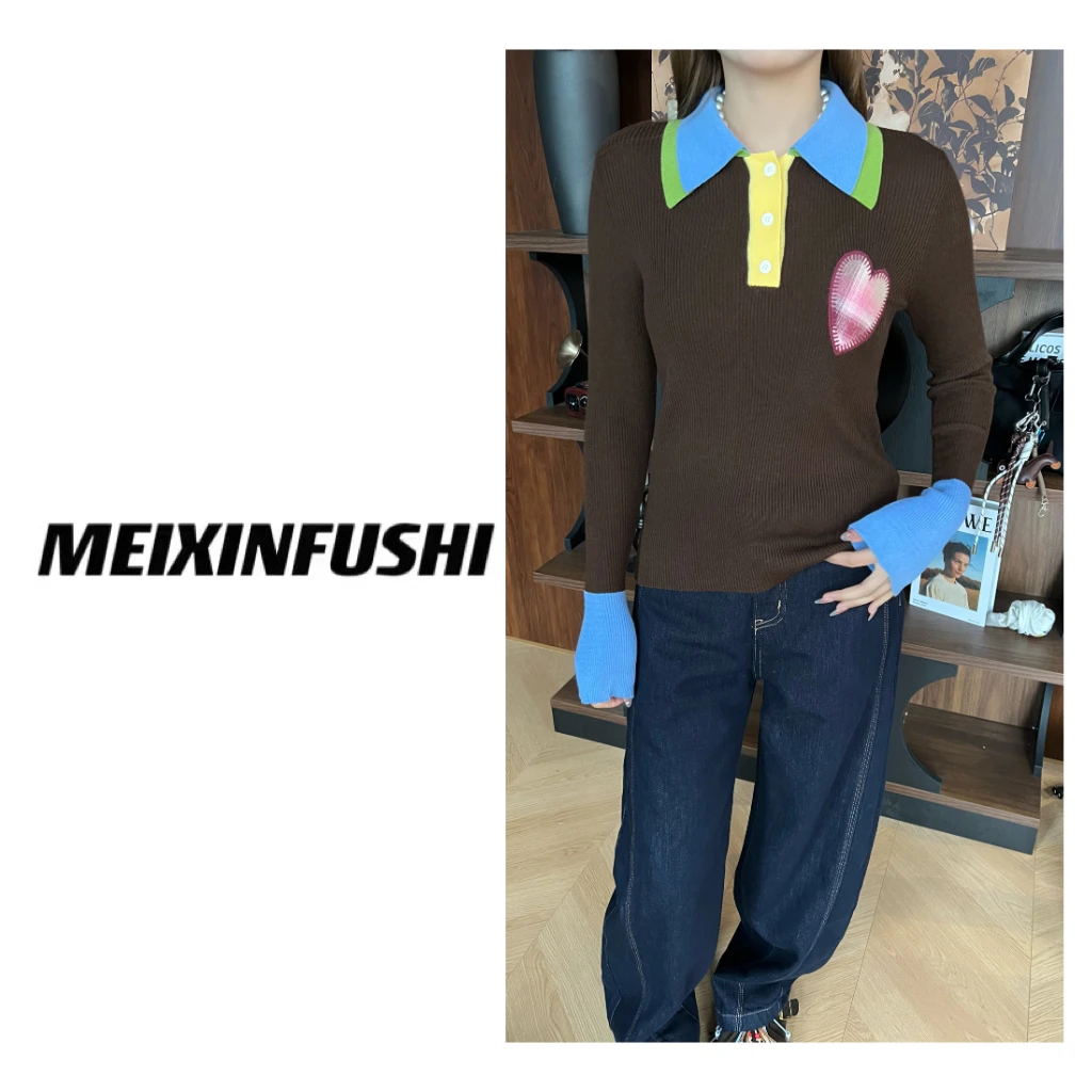 【Mei Xin】领口拼色爱心毛衣/9738/D