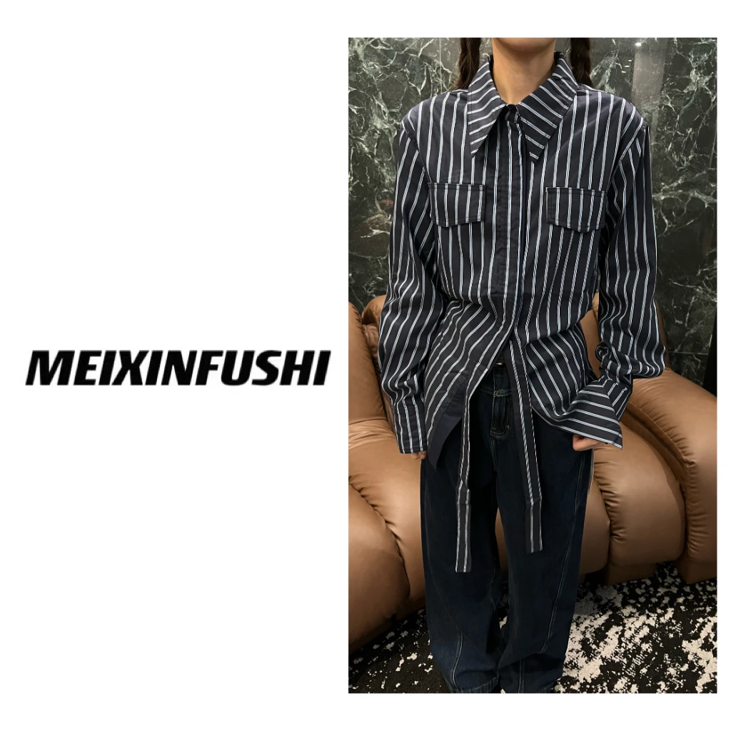 【Mei Xin】飘带条纹收腰衬衫/2875/Y1