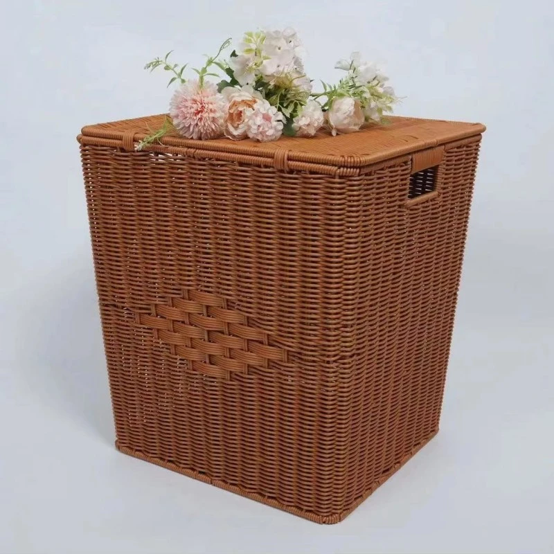 J068仿藤编带盖大号收纳筐脏衣篮38×35×42