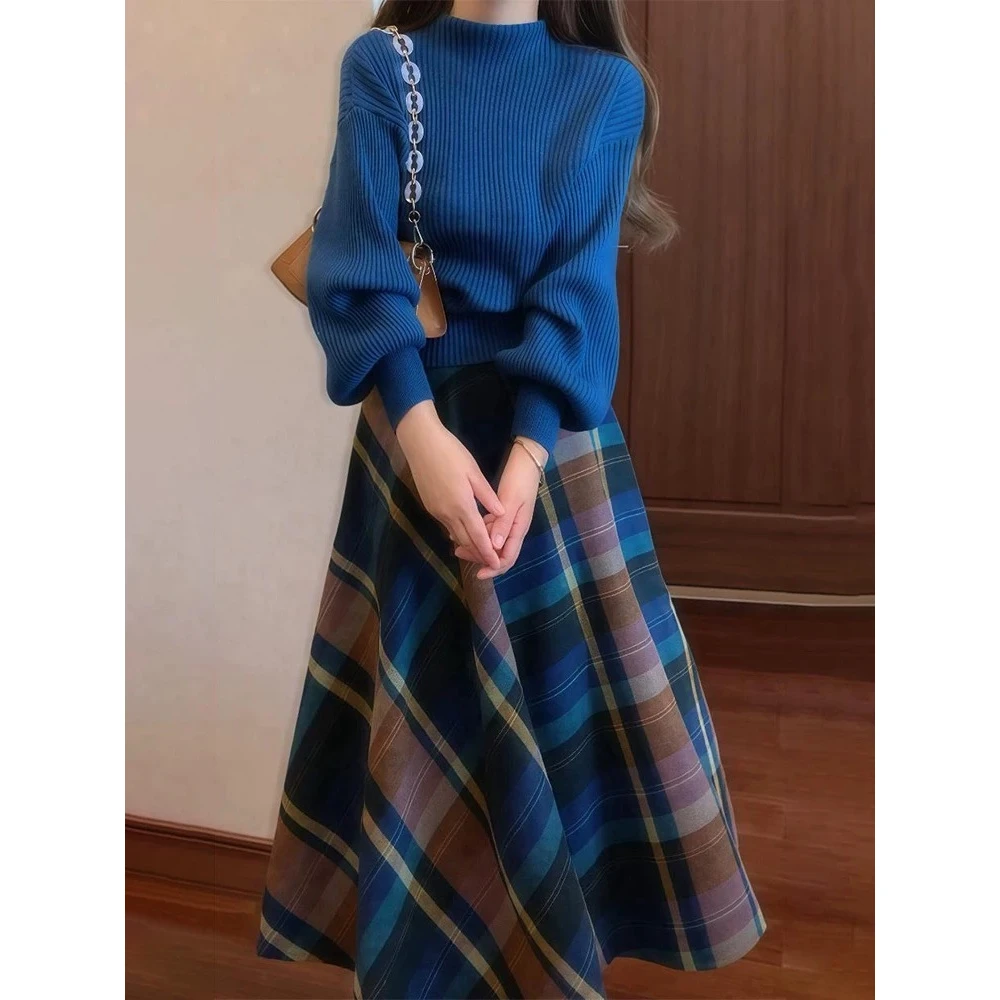 梨型身材显瘦套装女秋季时尚洋气针织毛衣炸街格子半身裙两件套