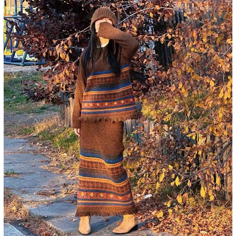 秋冬新款套装梨形身材复古流苏针织毛衣半身裙女秋冬休闲女士加厚