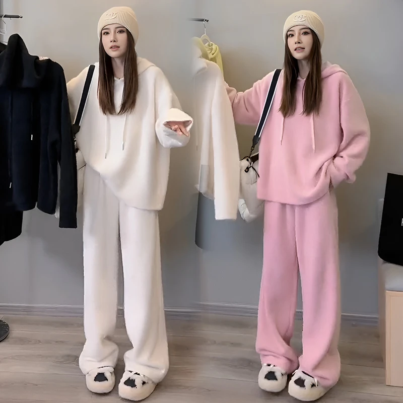 慵懒风时尚套装2024秋冬连帽套头毛绒上衣垂感阔腿裤两件套